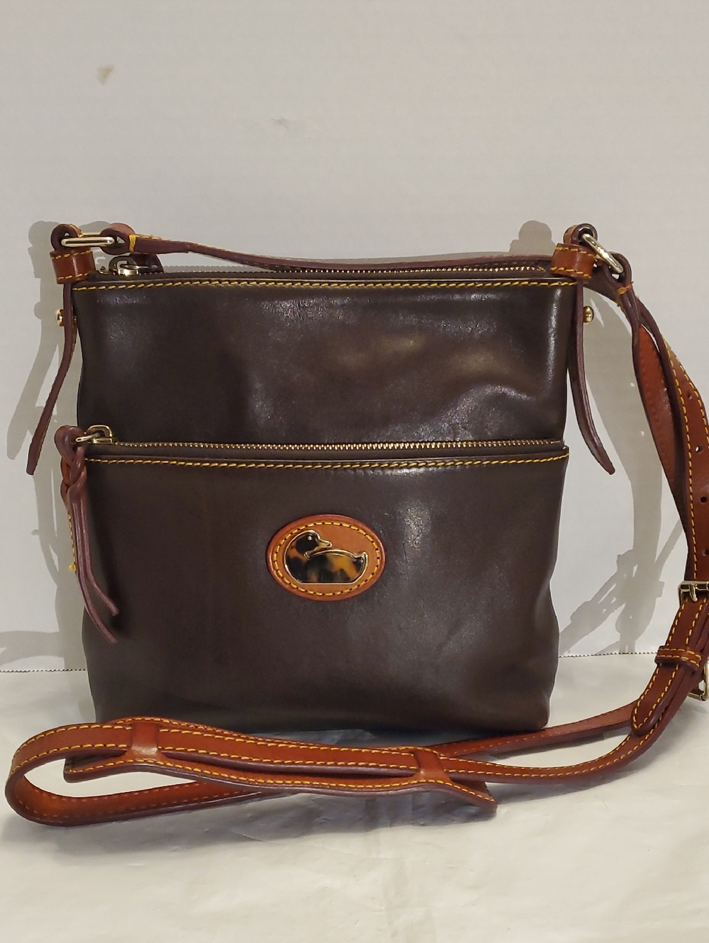 Dooney & Bourke Dark Brown Leather Crossbody with Tan Trim